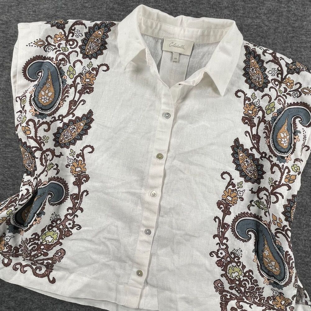 Cleobella XS White Paisley Coastal Linen Blend Lagenlook Cropped Boho Blouse - Picture 12 of 13